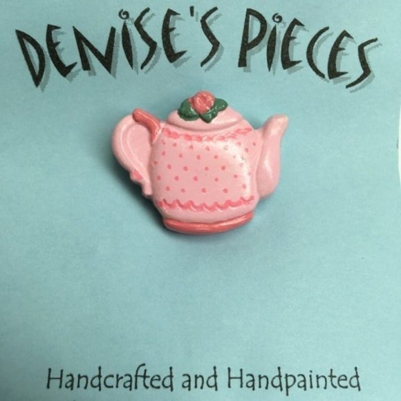 Easter Teapot Pin Brooch Pink Polkadot Green Flower - Picture 1 of 2